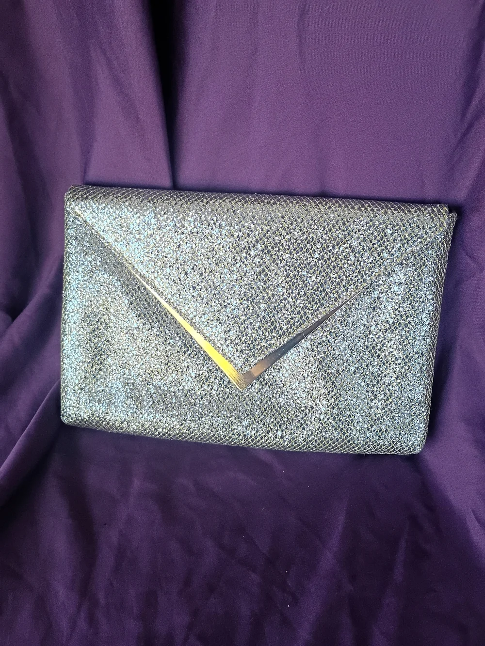 Gianni Bini Silver Glitter Envelope Clutch with Gold V Detail